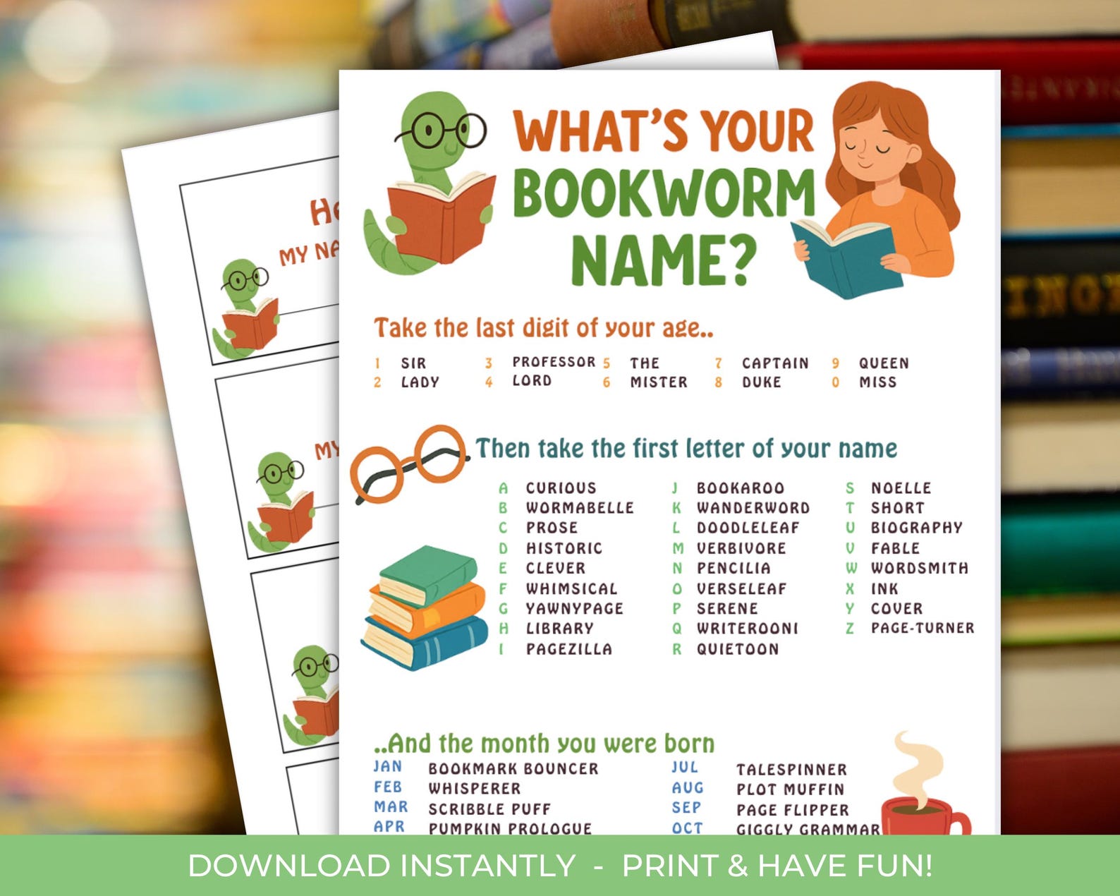What’s Your Bookworm Name Printable Game, Reading Party Activity for ...