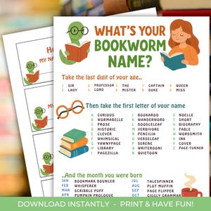 Puede incluir: Una hoja de juego imprimible titulada "¿Cuál es tu nombre de ratón de biblioteca?" presenta un gusano lector, una niña leyendo y una lista de nombres. La hoja incluye instrucciones para crear un nombre de ratón de biblioteca basado en la edad y la primera letra de tu nombre.