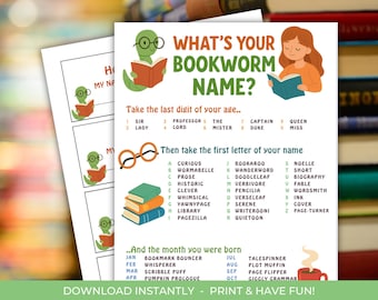 What’s Your Bookworm Name Printable Game, Reading Party Activity for Kids/Adults, Literacy Fun,Party Fun, book club games,book club activity