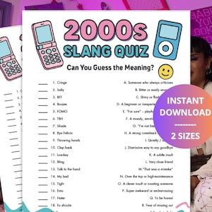 Pode incluir: Um questionário imprimível sobre gírias dos anos 2000 com um esquema de cores rosa e azul-petróleo. O questionário apresenta um gráfico de telemóvel dobrável e leitor de MP3, com frases como "Cringe" e "BFF". As palavras "DOWNLOAD INSTANTÂNEO" e "2 TAMANHOS" também são visíveis.
