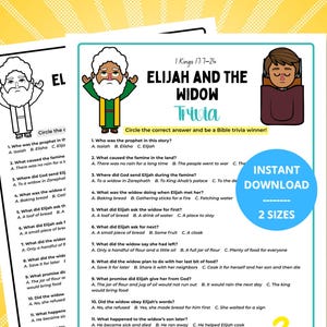 May include: Two printable trivia sheets about Elijah and the Widow from the Bible. The sheets feature illustrations of Elijah and the widow, along with multiple-choice questions. The trivia sheets are available in two sizes and are an instant download.