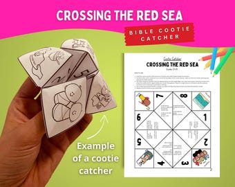 May include: A paper cootie catcher featuring black and white line art illustrations and the text Crossing the Red Sea. Beside it is a printed instruction sheet with the same title, numbered sections, and colorful graphics of biblical figures.