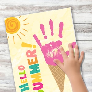 May include: A yellow sun with orange rays and a pink handprint on a yellow background. The handprint is inside a brown and white waffle cone. The text "HELLO SUMMER!" is written in colourful letters.