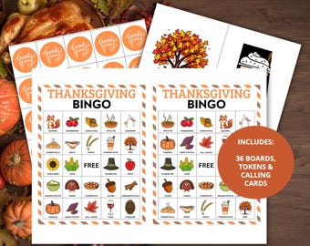 Thanksgiving Bingo Game Printable, 36 Unique Bingo Cards with Calling Cards, Tokens and Rules, Family Dinner Party Game for Kids and Adults