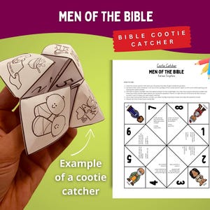 May include: A paper cootie catcher featuring black and white line art illustrations of biblical figures and text. The folded paper game includes numbers and labels such as Men of the Bible, alongside a flat printed instruction sheet.