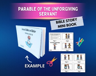 May include: A printable mini book titled Parable of the Unforgiving Servant featuring illustrated pages with text, a Jesus Walks on Water example booklet, a pair of orange scissors, and four colored pencils on a dark blue background.