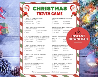 May include: A Christmas trivia game sheet with a red and green striped border, featuring illustrations of Santa Claus in the top corners. The text includes twelve multiple-choice questions about holiday traditions and a space for a name and total points.
