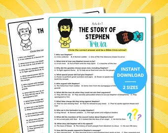 May include: Two printable trivia sheets about the story of Stephen from Acts 6-7. The sheets have multiple-choice questions with illustrations of Stephen and other characters. The trivia sheets are available in two sizes.
