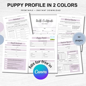 Bundel bewerkbare geboorteakte en gezondheidsdossier puppy, 12 pagina's puppyprofiel afdrukbaar, hondenfokker puppypakket, afdrukbare dossiers en formulieren