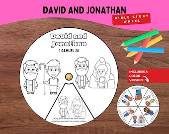 Puede incluir: Una manualidad de papel circular titulada David and Jonathan 1 Samuel 20, que presenta ilustraciones de líneas en blanco y negro de personajes. Se incluye una versión a color más pequeña de la rueda, junto con cuatro lápices de colores verde, rojo, amarillo y azul.