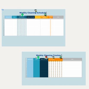May include: Two digital cleaning schedule templates. The top template is labeled "Weekly Cleaning Schedule" and the bottom template is labeled "Weekly Cleaning Tracker". Both templates have columns for cleaning tasks, rooms, and days required.