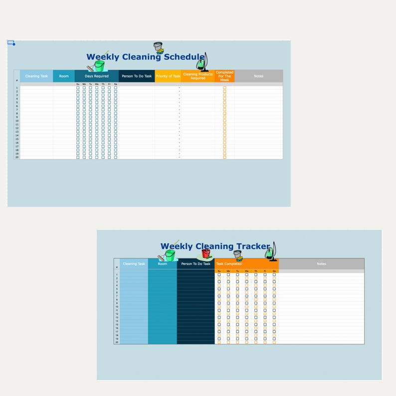 May include: Two digital cleaning schedule templates. The top template is labeled "Weekly Cleaning Schedule" and the bottom template is labeled "Weekly Cleaning Tracker". Both templates have columns for cleaning tasks, rooms, and days required.