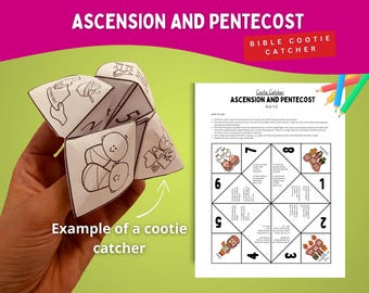 May include: A paper cootie catcher featuring black and white line art illustrations and text related to Ascension and Pentecost. The paper toy includes numbered flaps and religious imagery, accompanied by a printable instruction sheet with text.