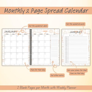 May include: A two-page calendar spread with a monthly calendar on the left and a weekly planner on the right. The calendar is for January and has a white background with black lines and boxes. The weekly planner has a white background with black lines and a gray header. The calendar is decorated with a pattern of kitchen utensils.