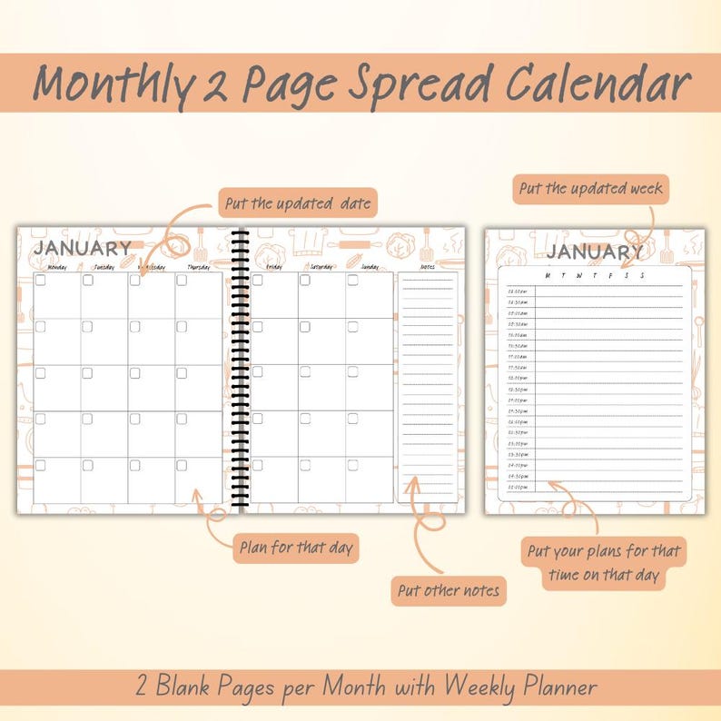May include: A two-page calendar spread with a monthly calendar on the left and a weekly planner on the right. The calendar is for January and has a white background with black lines and boxes. The weekly planner has a white background with black lines and a gray header. The calendar is decorated with a pattern of kitchen utensils.
