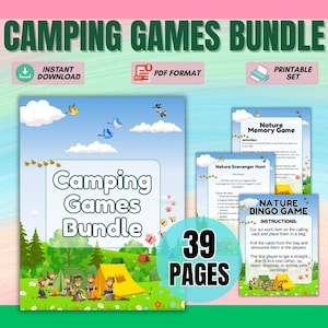 Lot de jeux de camping pour enfants, chasse au trésor dans la nature, charades, souvenirs, bingo, activités de camp à imprimer, téléchargement immédiat au format PDF