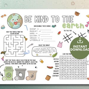 Könnte beinhalten: Ein ausdruckbares Arbeitsblatt mit den Worten "Sei lieb zur Erde" und verschiedenen Spielen. Enthält ein Labyrinth, ein Worträtsel, Tic-Tac-Toe und ein Suchspiel. Enthält Illustrationen der Erde, Recyclingbehälter und andere umweltfreundliche Elemente.