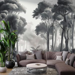 Elegante carta da parati murale con foresta - Arte murale ispirata alla natura per l'arredamento del soggiorno