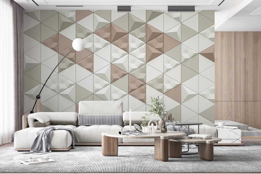 Modern Geometric 3D Wall Mural - Beige and Gray Triangles - Etsy