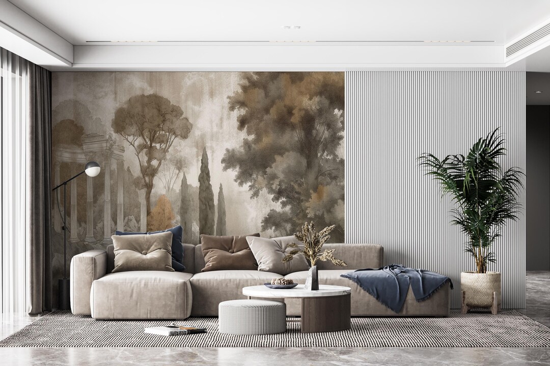 View of Elegant Nature-inspired Wall Mural for Modern Living Rooms - Etsy
