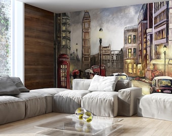 London Cityscape Wall Mural - Big Ben, Red Telephone Booth, and Classic London Street Scene