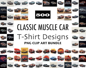 以下が含まれることがあります： 500種類のクラシックマッスルカーTシャツデザインのコレクション。デザインは、さまざまな色とスタイルのさまざまなマッスルカーを特徴としています。デザインは、クラシックカーが好きな人なら誰でも完璧です。