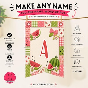 Könnte beinhalten: Ein rechteckiges Banner mit dem Buchstaben A in Rot, verziert mit Wassermelonenstücken, grünen Blättern und einer rosa Schleife. Der Rand besteht aus einem Patchwork-Muster in Rosa, Grün und Weiß. Der Text enthält MAKE ANY NAME.