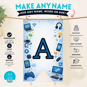 Puede incluir: Un banderín rectangular con una letra A azul grande en el centro, rodeado de ilustraciones de temática tecnológica que incluyen un robot, portátil, auriculares, ordenador, mando de juegos y patrones de circuitos sobre un fondo azul claro.