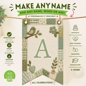 Op de afbeelding: Een printbare banner met een patchwork rand in groentinten en een centraal crèmekleurig paneel met de letter A. Het ontwerp bevat een vogel op een tak, een bloem, een hart en bladeren. Tekst: MAKE ANY NAME en ALL CELEBRATIONS.