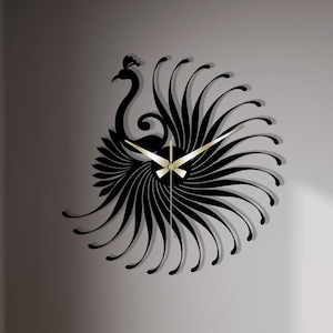 Unique Peacock Metal Wall Clock, Oversized Clocks for Wall, Modern Black Metal Art, Art Deco Wall Decor for Housewarming Gift