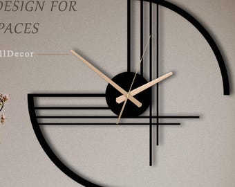 Line Art Large Metal Wall Clock, Modern Minimalist Black Decor, Unusual Home Office Gifts