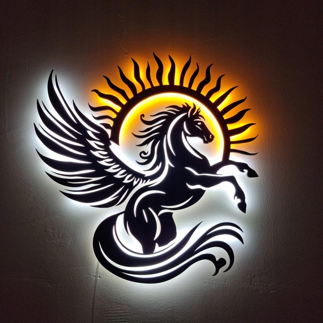 LED Pegasus Metal Wall Art: Sunrise & Winged Horse Decor - Etsy