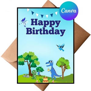 Cartão de aniversário de dinossauro da selva editável | Convite para festa infantil para impressão | Cartão de dinossauro com tema de bolo, praia e crocodilo | Download digital