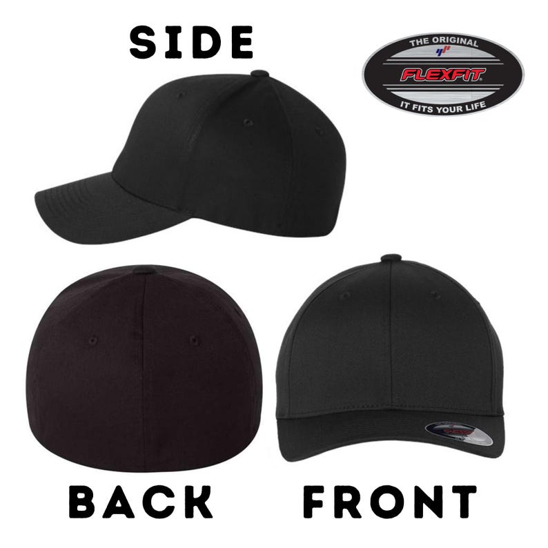 May include: Black baseball cap with a curved brim. The cap has a Flexfit logo on the front and the words "The Original Flexfit It Fits Your Life" on the back.