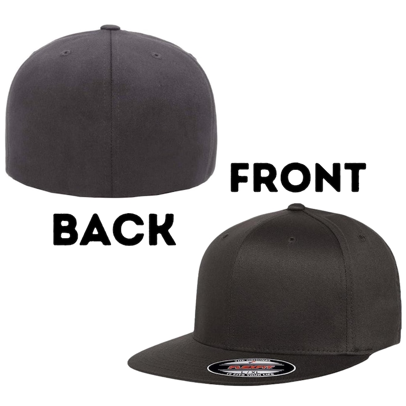 May include: Two views of a charcoal grey baseball cap. The back of the cap is shown on the left, and the front with the brim is on the right. The word "FRONT" is above the front view, and "BACK" is above the back view.