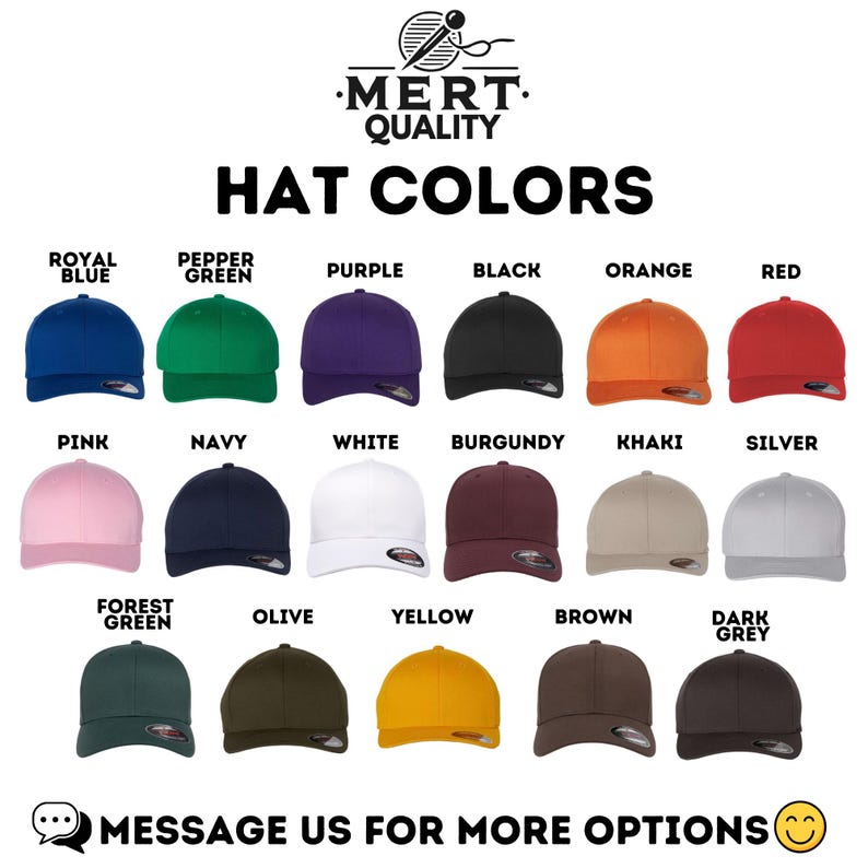 May include: A chart showing 18 different colors of baseball caps. The colors include royal blue, pepper green, purple, black, orange, red, pink, navy, white, burgundy, khaki, silver, forest green, olive, yellow, brown, and dark grey.