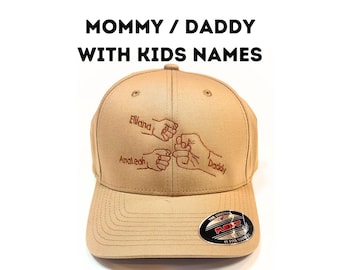 Embroidered FlexFit 6277 Hat - “Dad or Mom with Kids Names Cap”  Fist Bump - Ideal Gift for Any Occasion