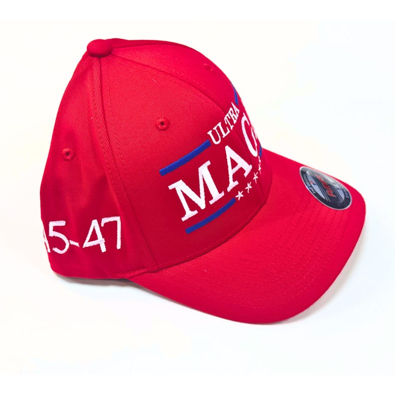 May include: Red baseball cap with white embroidery that says "ULTRA MAGA 45-47".
