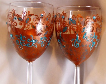 Hand painted Wine glass SET of two (2) - Copper and Turquoise Filigree with gems- 12oz wine glasses- hand painted