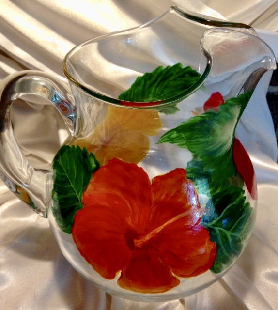 Hand Painted Margarita Glasses and Pitcher Set Hibiscus Flowers Design