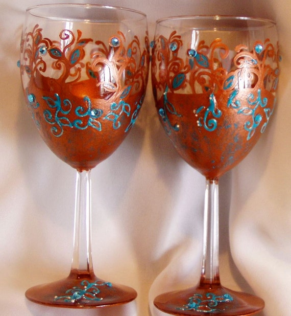 Hand Painted Wine Glass SET of Two 2 Copper and Turquoise Etsy