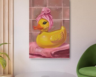 Digital Duck Poster – Cute Pink Retro Wall Art for Bathroom, Preppy Dorm Decor, It Girl Funny Towel Duck, 400DPI PNG