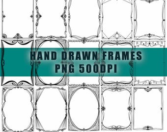 May include: A collection of hand-drawn black and white frames in various shapes and styles. The image includes rectangular, oval, and geometric designs, with ornate details and decorative elements. Text on the image reads "HAND DRAWN FRAMES PNG 500DPI."