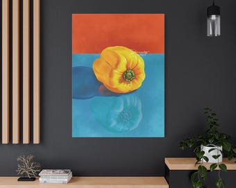 Poster vegetables, download, hand drawn | Yellow pepper on orange and blue background | 2500*3000PX | 400DPI | PNG