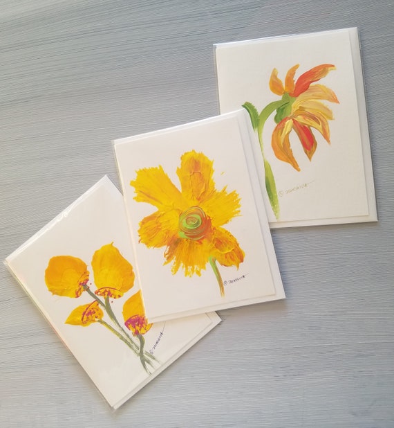 Set of Three Hand Painted Greeting Cards of Yellow Flowers | Etsy