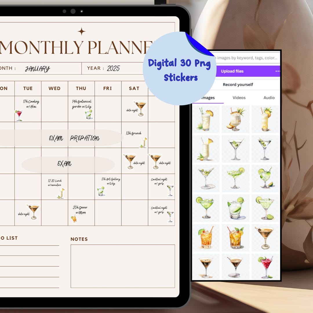 Cocktail Digital Planner Sticker Png for Printable Sticker Sheet for Scrapbook Sticker for ...