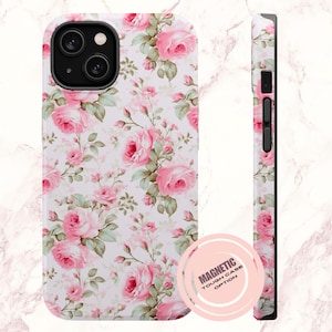 ピンクローズマグネット式タフフォンケース、花柄フォンカバー、iPhone® 13 14 15 16 Plus Pro Max用保護ケース