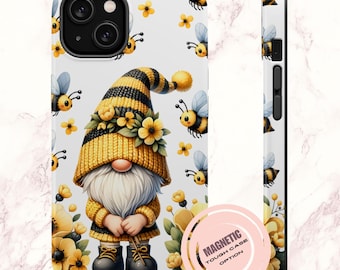 Cute Gnome Phone Case, Floral Impact Resistant Cover, Bumblebee Gnome Case For Iphone 13 14 15 Plus Pro Pro Max  MagSafe Compatible Option