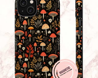 Cottagecore Mushrooms Magnetyczne Wytrzymałe Etui na Telefon, Etui na Telefon z Wzorem Natury, Etui Ochronne na iPhone 13 14 15 Plus Pro Max