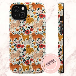Coque de portable magnétique florale Golden Retriever, jolies fleurs et chiens Goldie pour Samsung iPhone 13 14 15 Plus Pro Pro Max